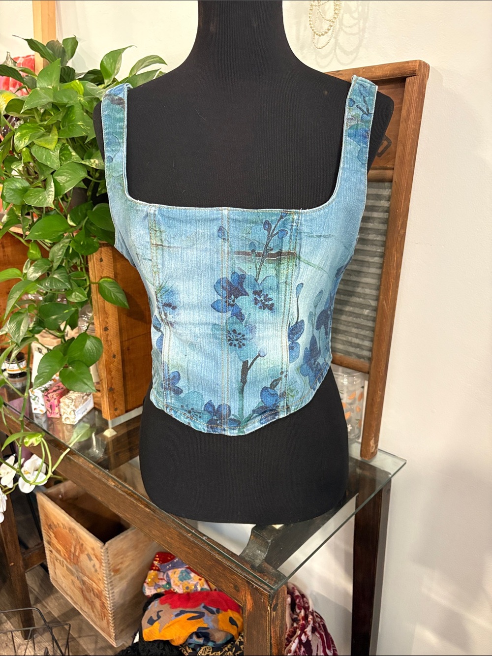 Floral Light Blue Denim Corset Tank Top